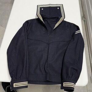 Vintage US Navy Style Wool Sailor Jumper Navy Blue Flap Collar Stars Mens Small